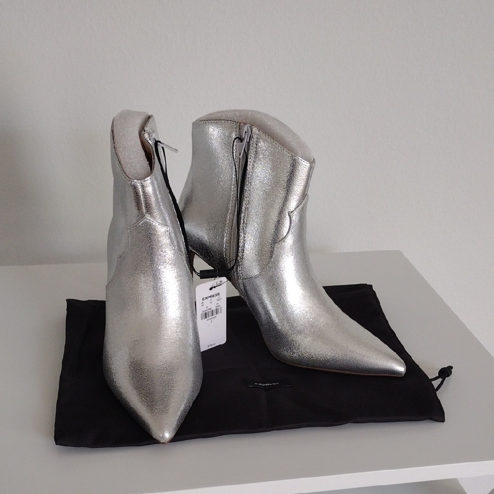 Express Pointed Toe Thin Heeled Booties. Metallic Silver. Size 7 - Picture 5 of 16